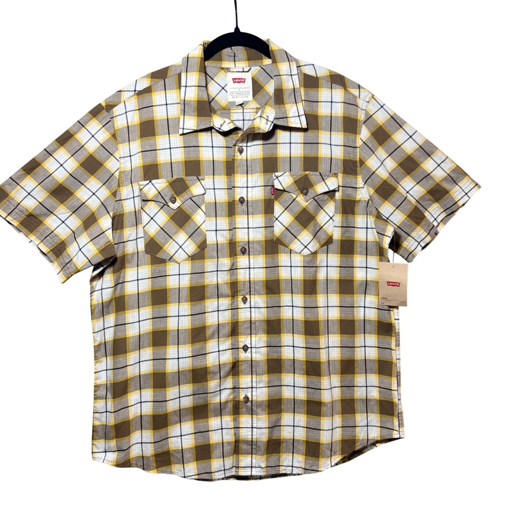 Levi's Mens Plaid Short Sleeve Button Up Shirt‎ Sz L Brown Yellow Cotton Blend